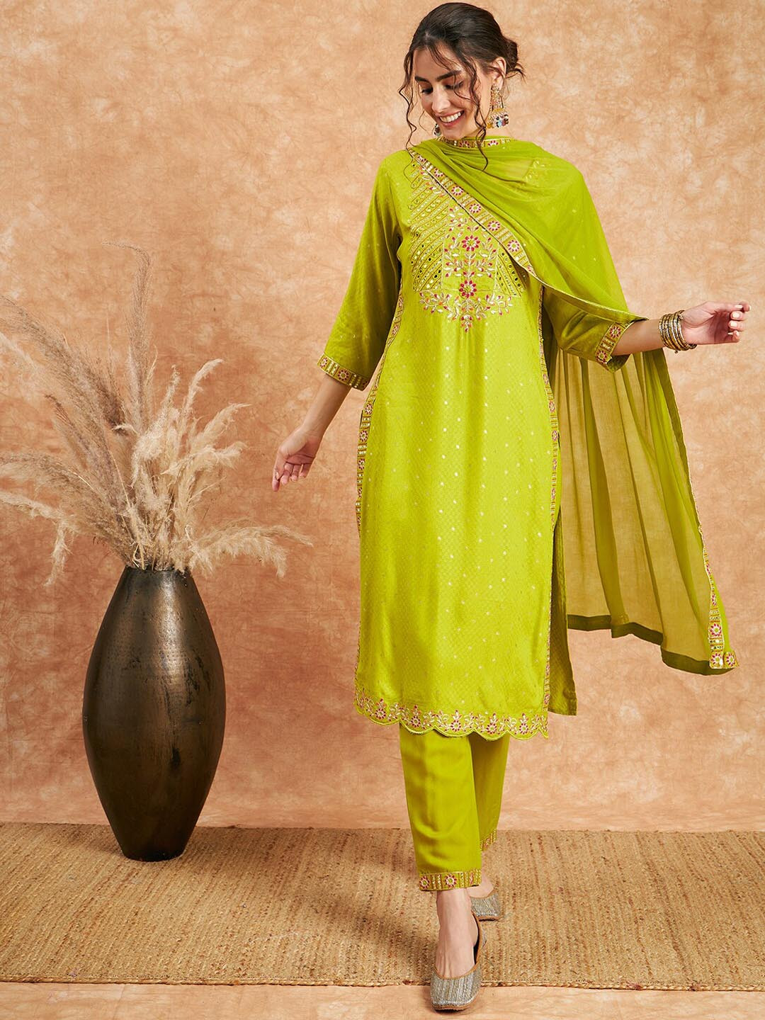 Green Embroidered Straight Kurta Trousers With Dupatta Set