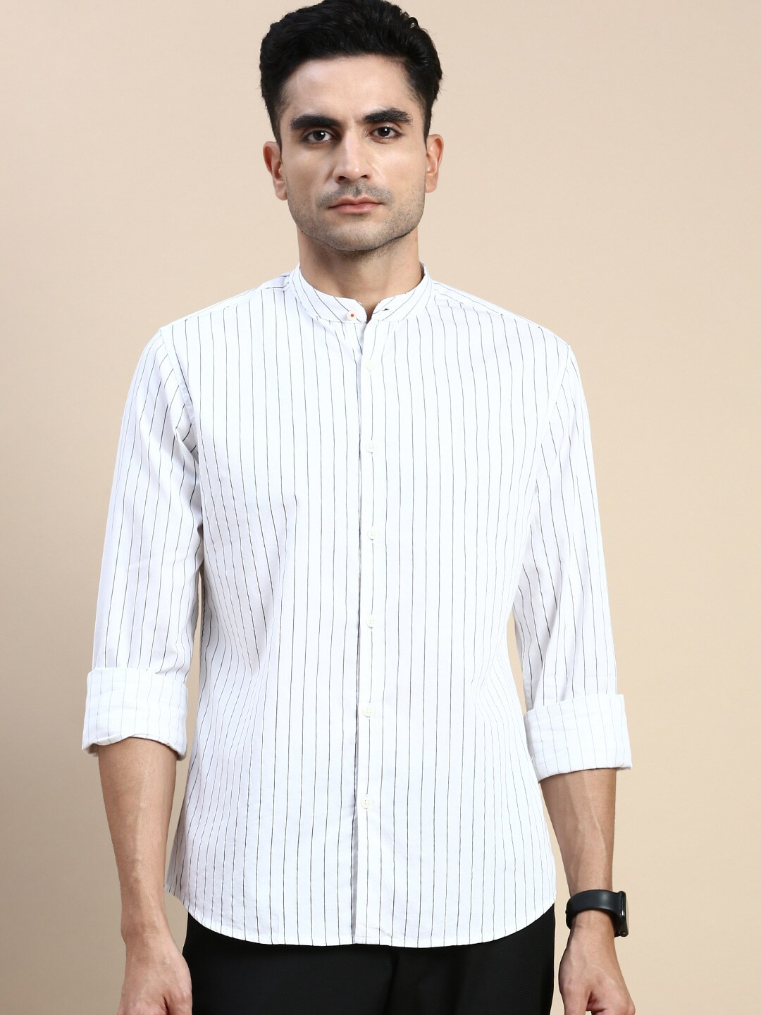 Men's White Premium Vertical Stripes Pin Tucks Slim Fit Cotton Casual Shirt
