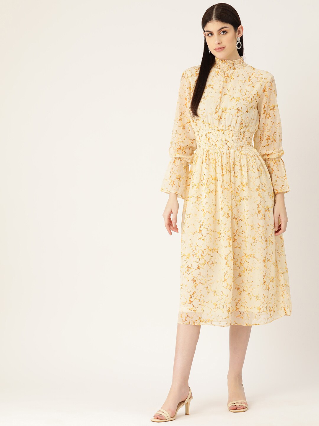 Buy DressBerry Beige Floral Print Puff Sleeve Fit & Flare Midi Dress ...