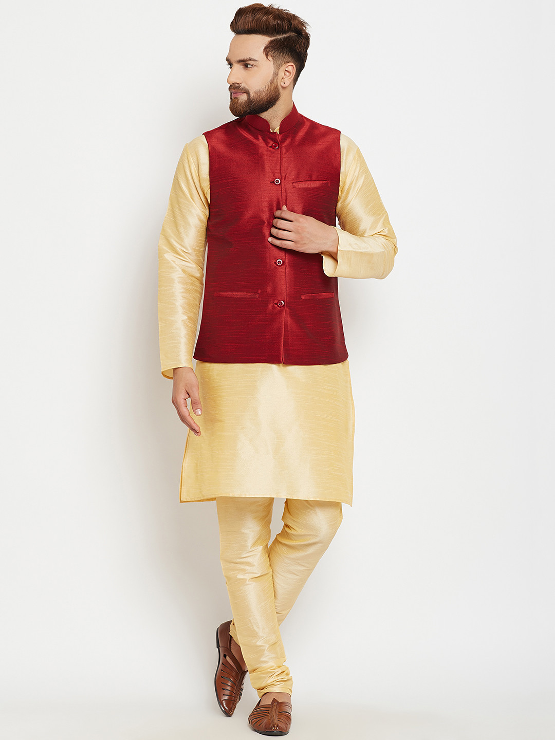 Buy SOJANYA Men Gold Toned & Maroon Solid Kurta With Churidar & Nehru
