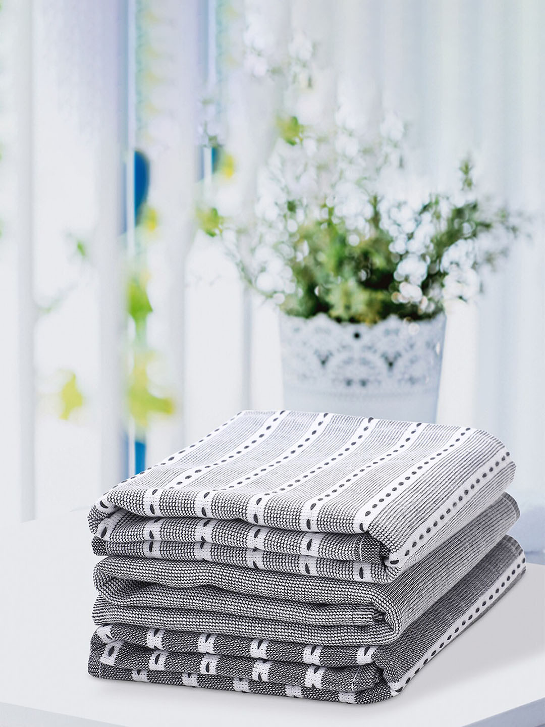 Buy Anko Grey & White 3 Pieces Striped 200 GSM Pure Cotton Kitchen ...