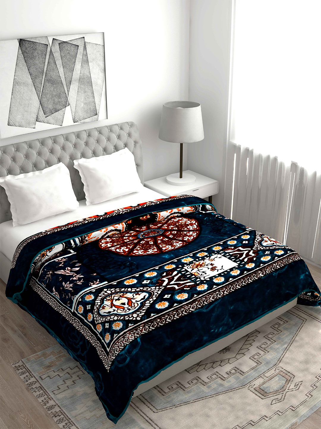 Buy Spangle Blue & Black Ethnic Motifs Mink Heavy Winter 500 GSM Double