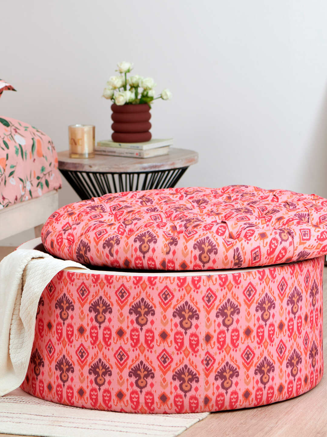 Buy Chumbak Bohemian Peach Colored & Blue Printed Round Ottoman ...