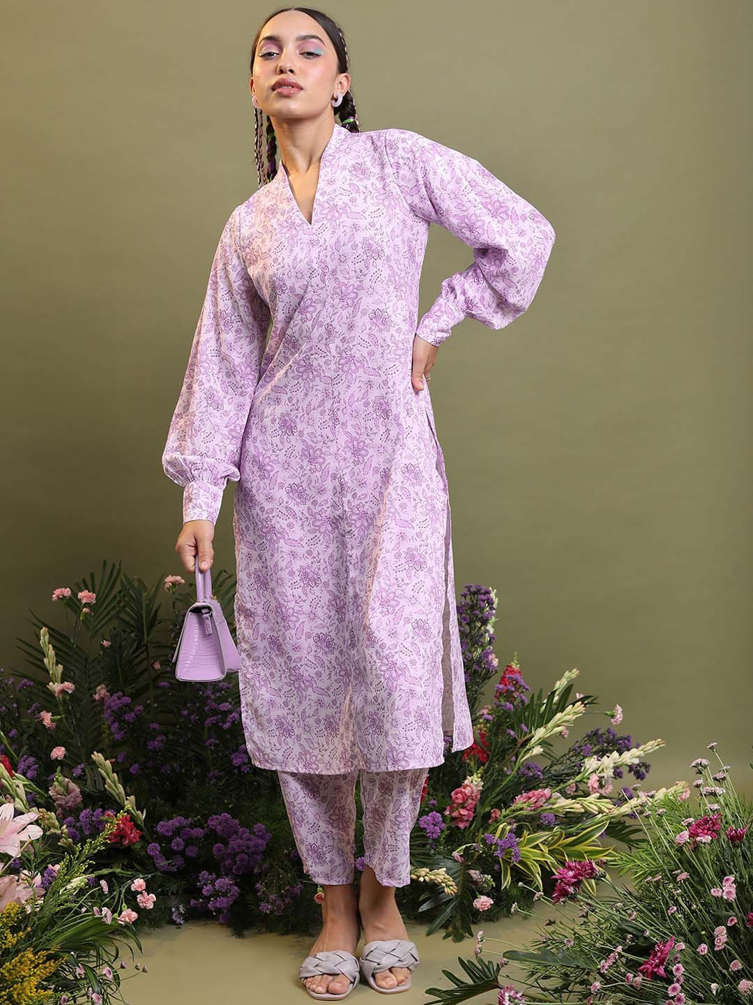 VASHI | Women’s Powder Blue Floral Coordset | Black Embroidered Kurta Palazzo