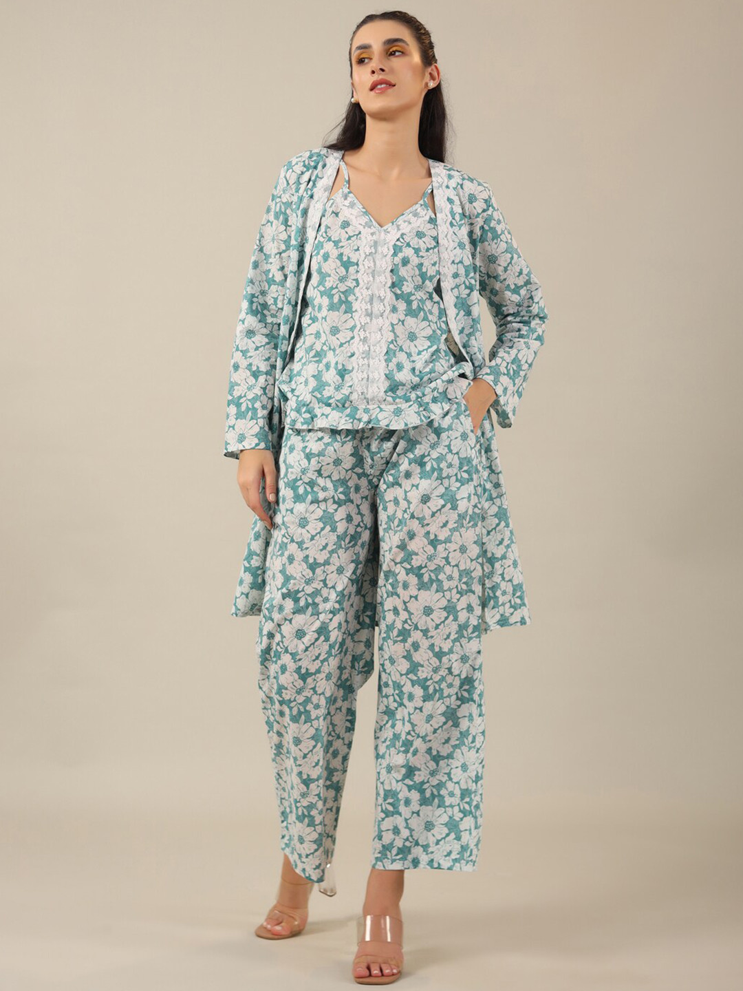 Womens Printed Nightsuit - Turquoise main image 1