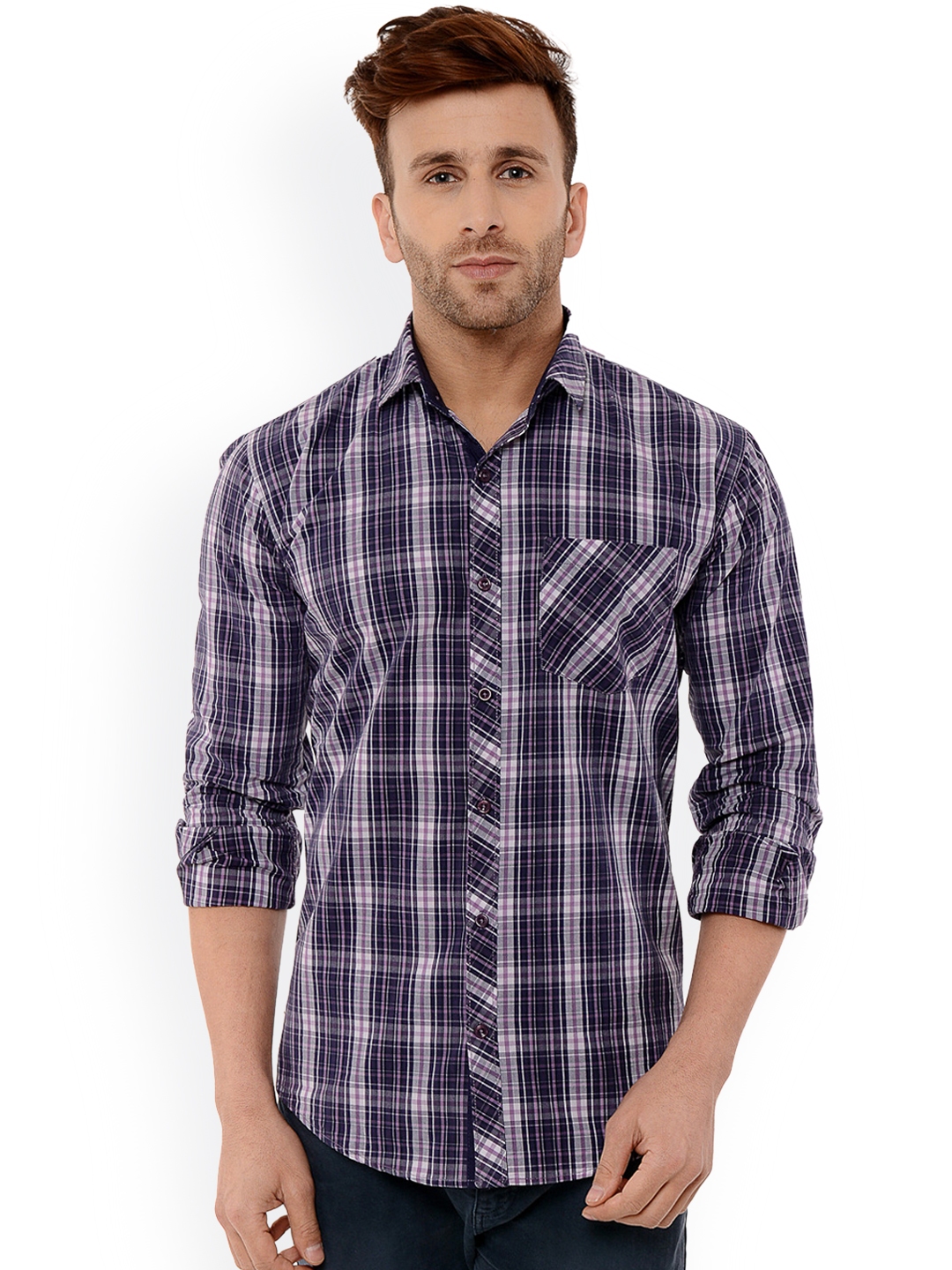 Buy Hangup Men Purple Standard Regular Fit Checked Casual Shirt ...