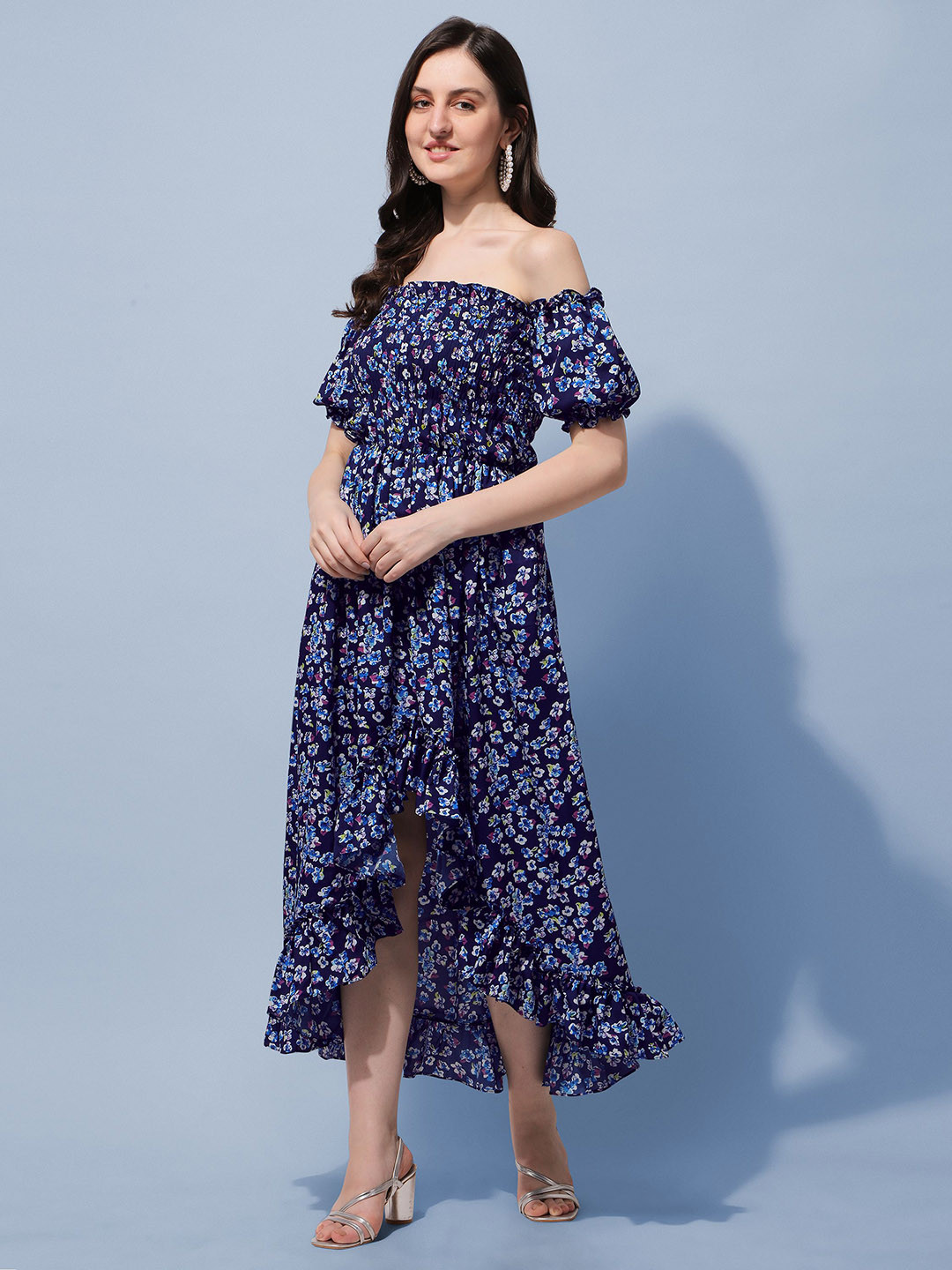 Floral Printed Off-Shoulder Blue Fit & Flare Mini Dress main image 0