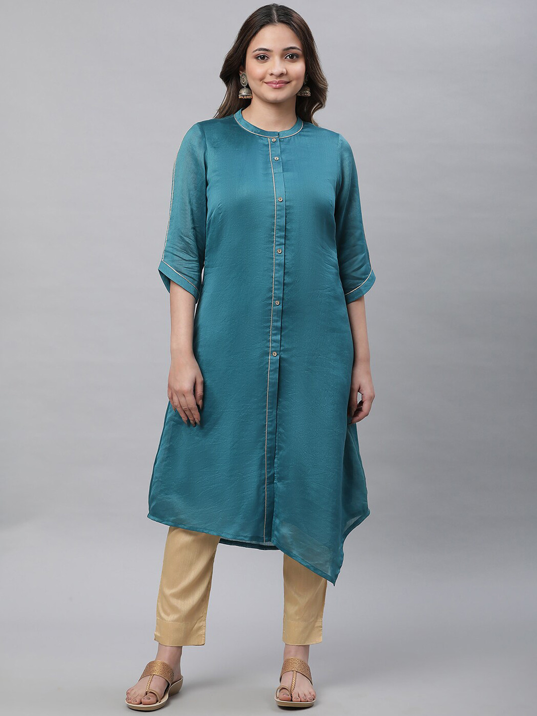 Aurelia Donna Kurta In Rayon Grigia - Modello A-Line, Collo Rotondo, Maniche 3/4, Lavabile