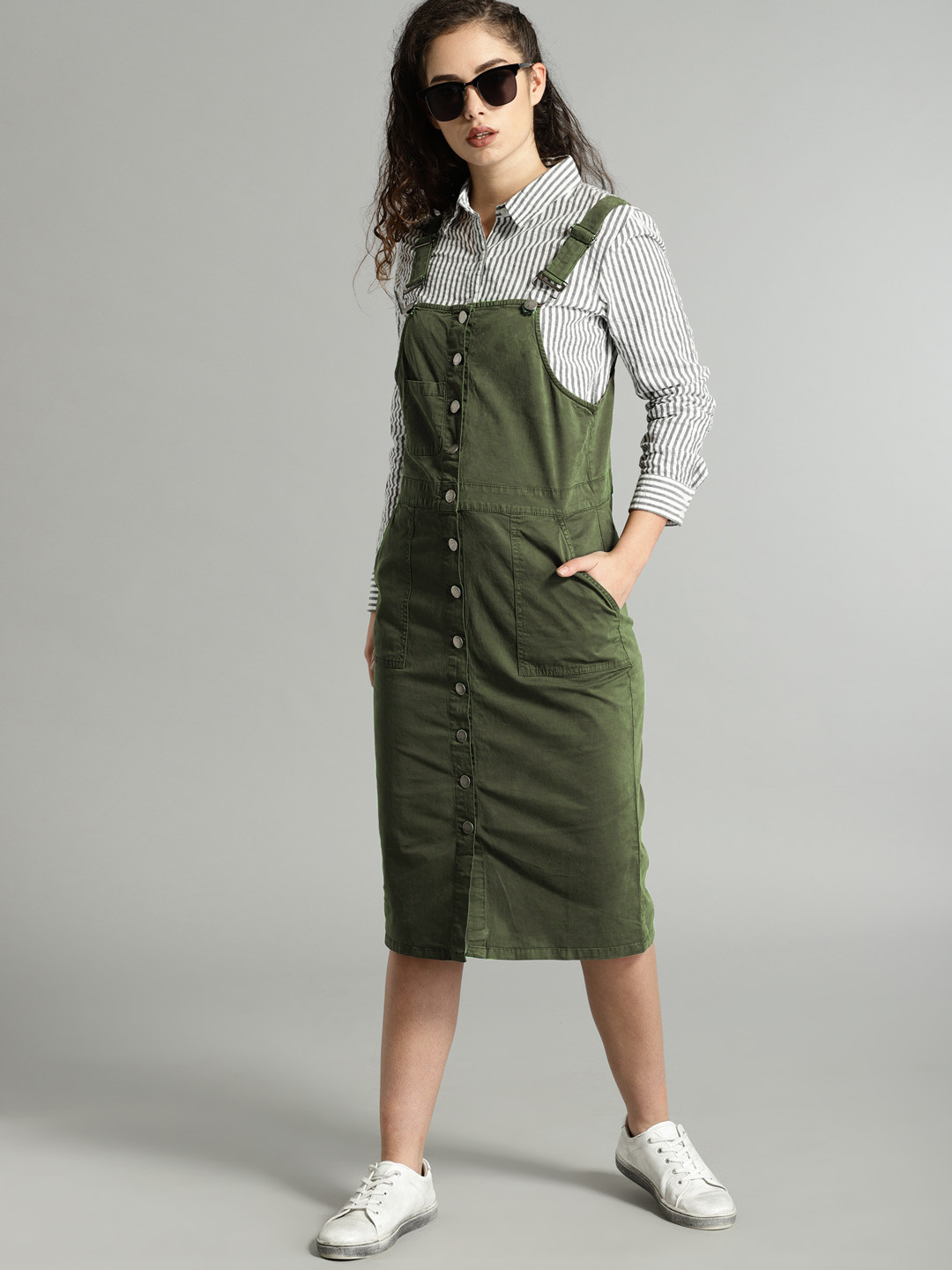 Buy Roadster Women Olive Green Solid Dungarees Dungarees for Women