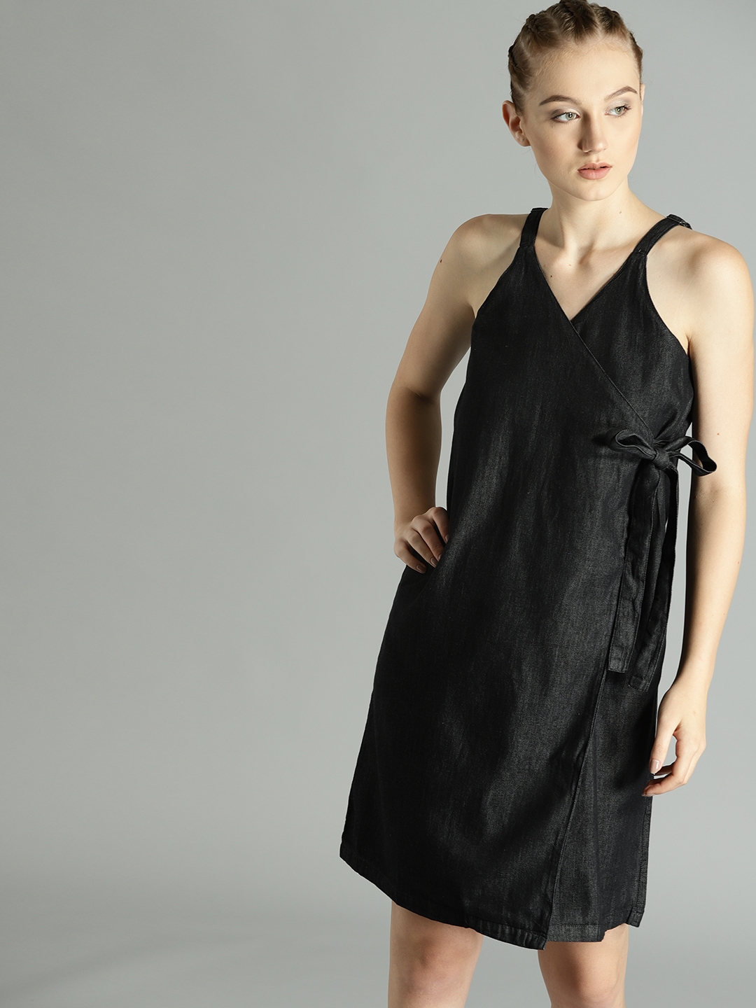 Buy Roadster Women Black Solid Chambray Wrap Dress - Dresses for Women ...