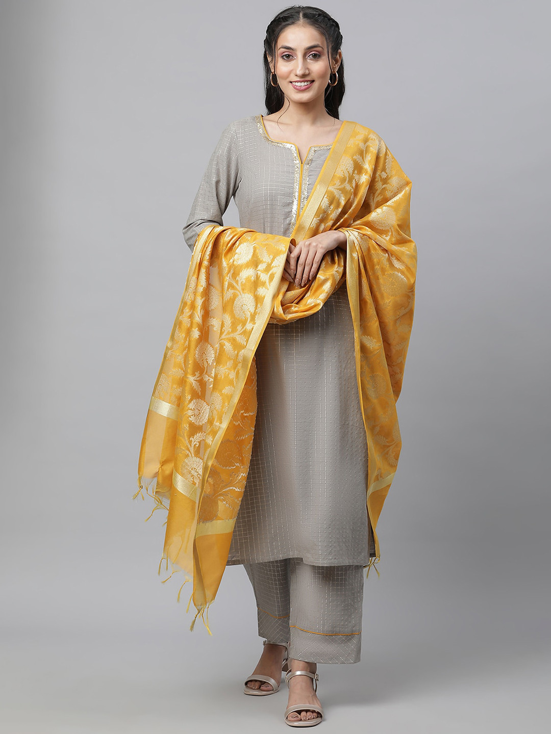 Buy AURELIA Checked Zari Detail Kurta With Palazzos & Dupatta Kurta