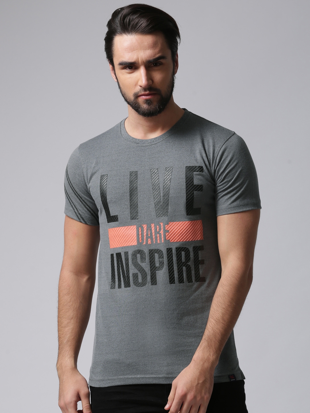 Buy YWC Men Charcoal Grey Typography Printed Round Neck T Shirt ...