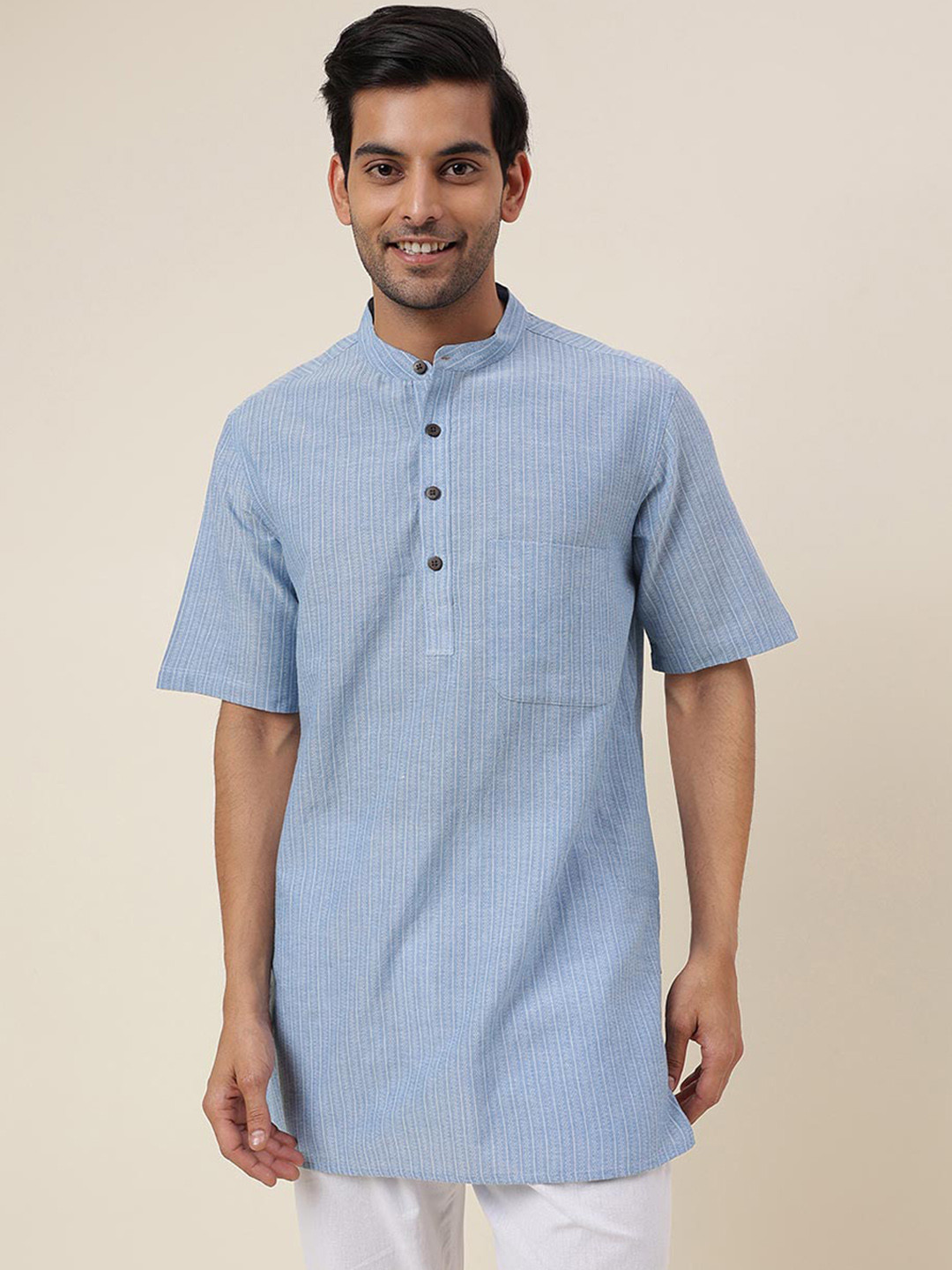 Buy Fabindia Striped Band Collar Short Sleeve Kurta Kurtas for Men