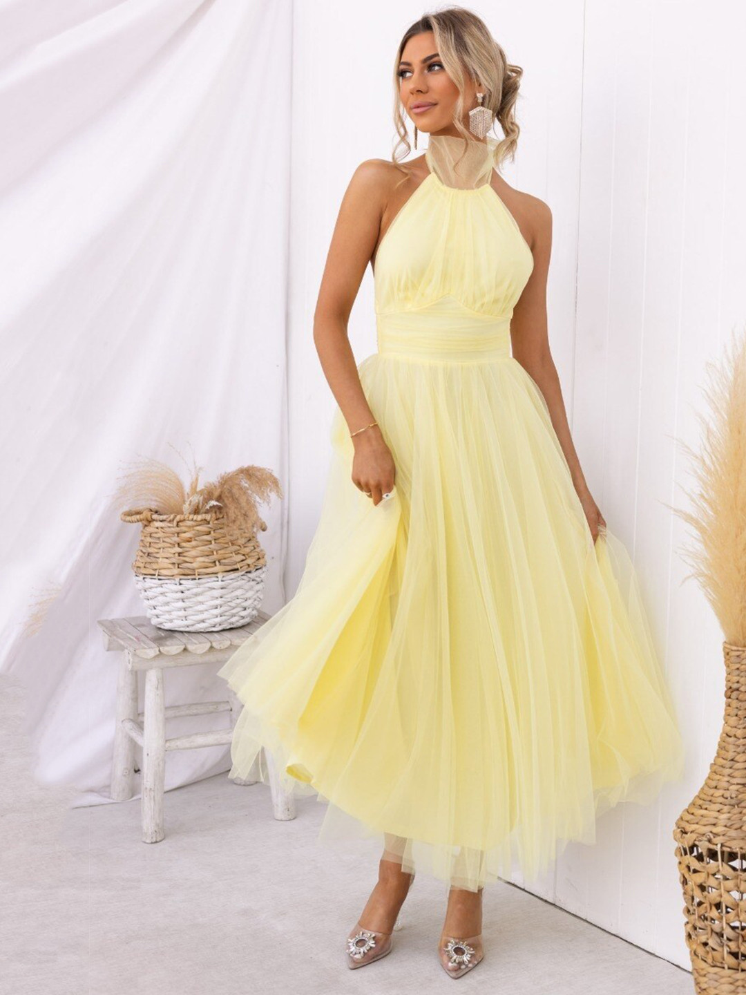 Halter Midi Dress in Yellow