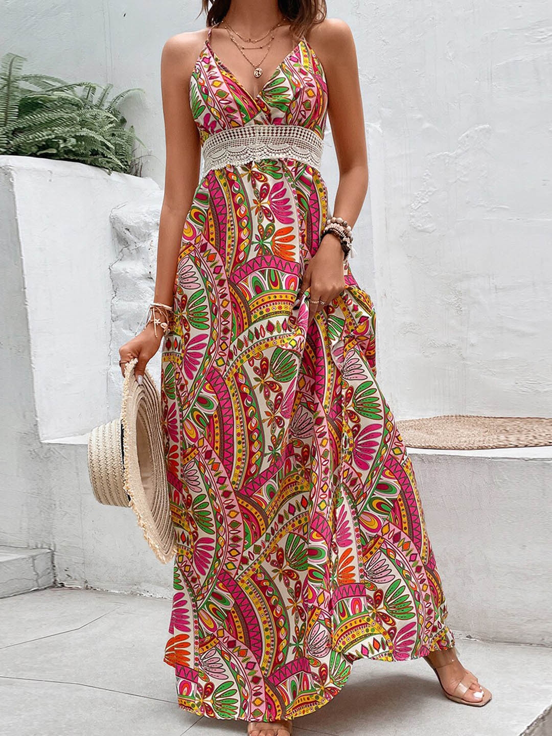Buy StyleCast Floral Printed Halter Neck Tie Up Maxi Fit & Flare Dress ...