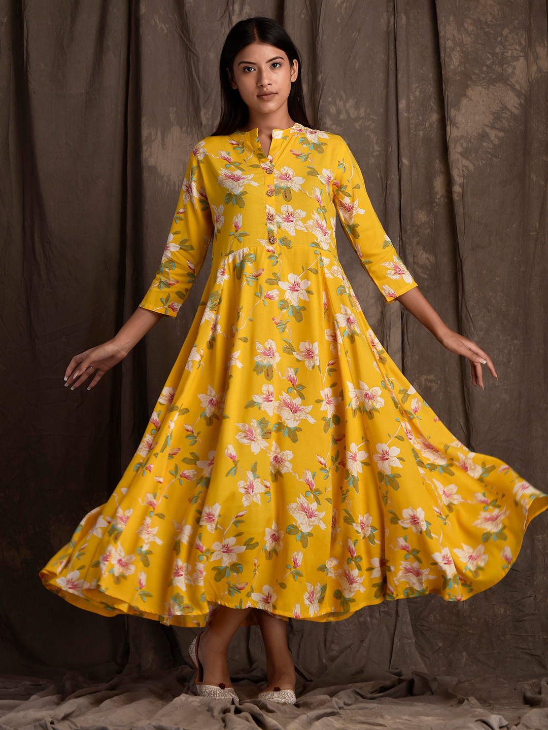 Peach Mangalgiri Cotton Mandarin Collar Maxi Dress