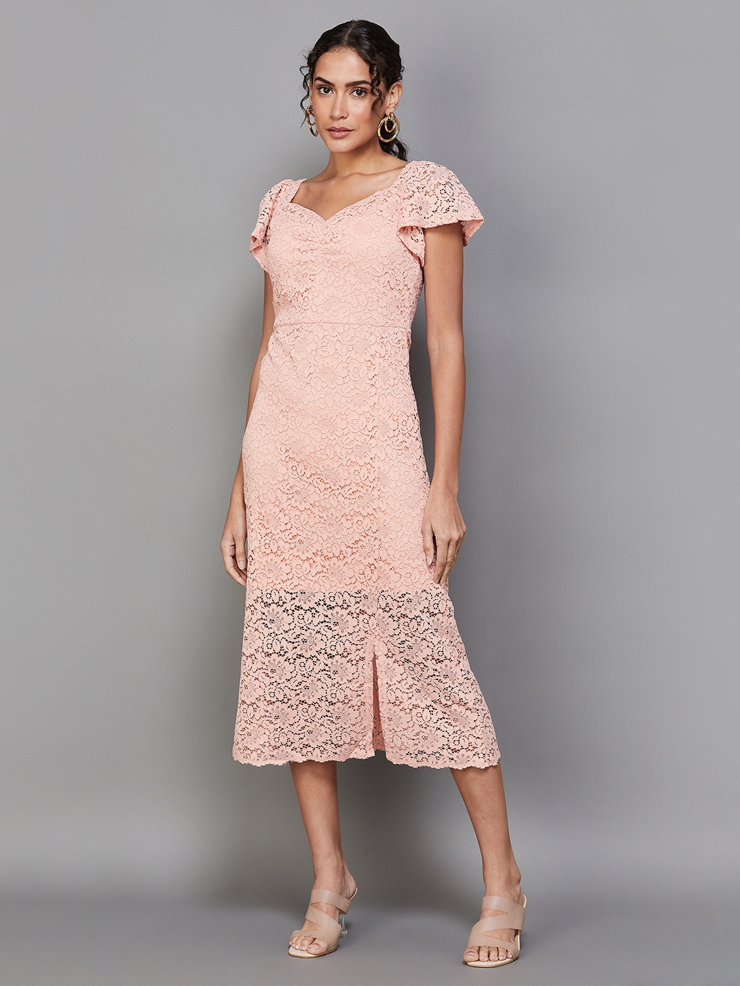 Buy CODE By Lifestyle Floral Self Design Flared Sleeves Cotton Sheath ... image.