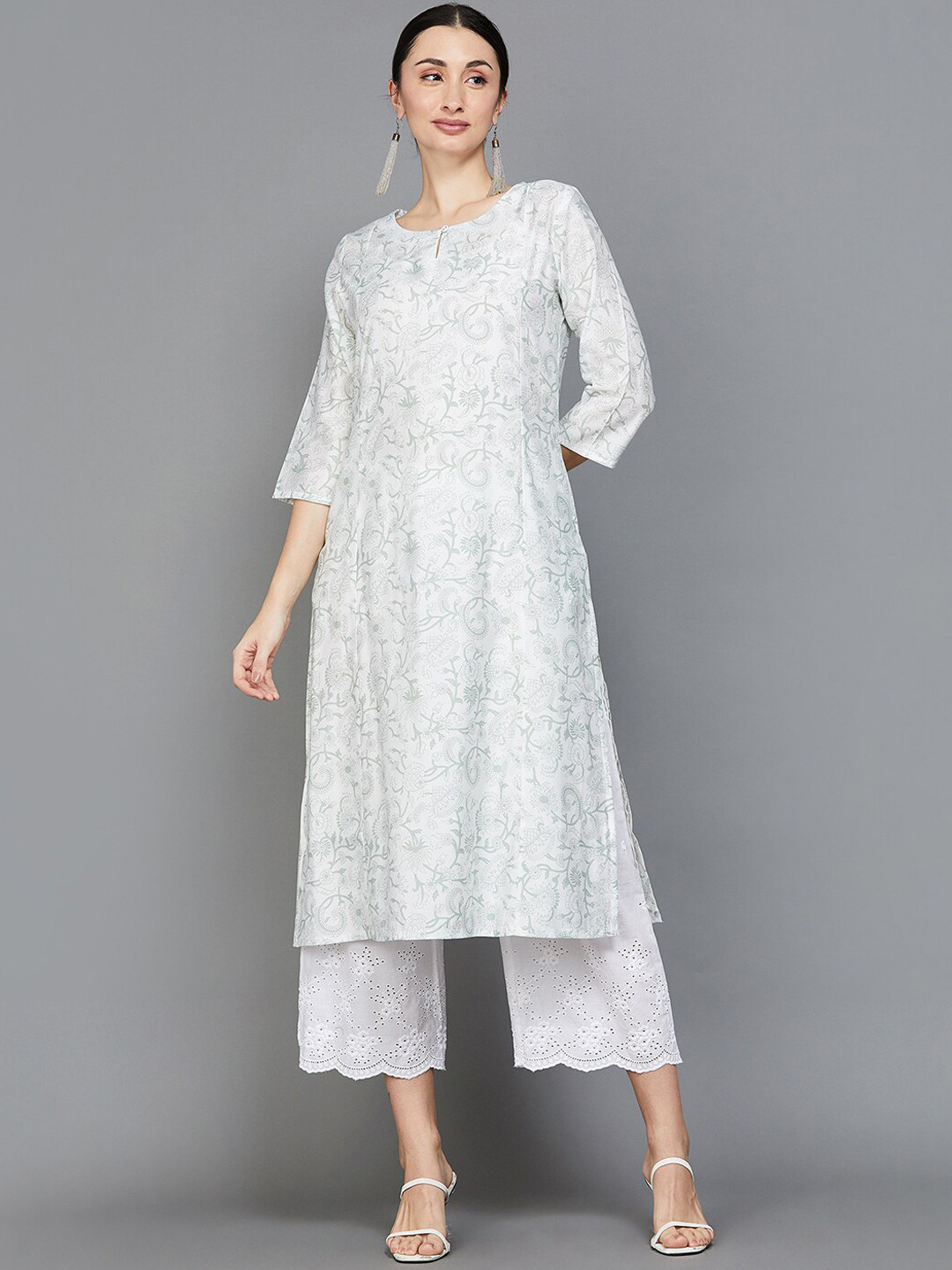 Cream With Multi Floral Printed Kurta With Keyhole Neckline