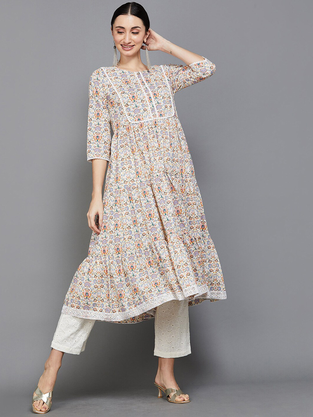 Buy Melange By Lifestyle Floral Printed Lace Work Cotton Anarkali ...