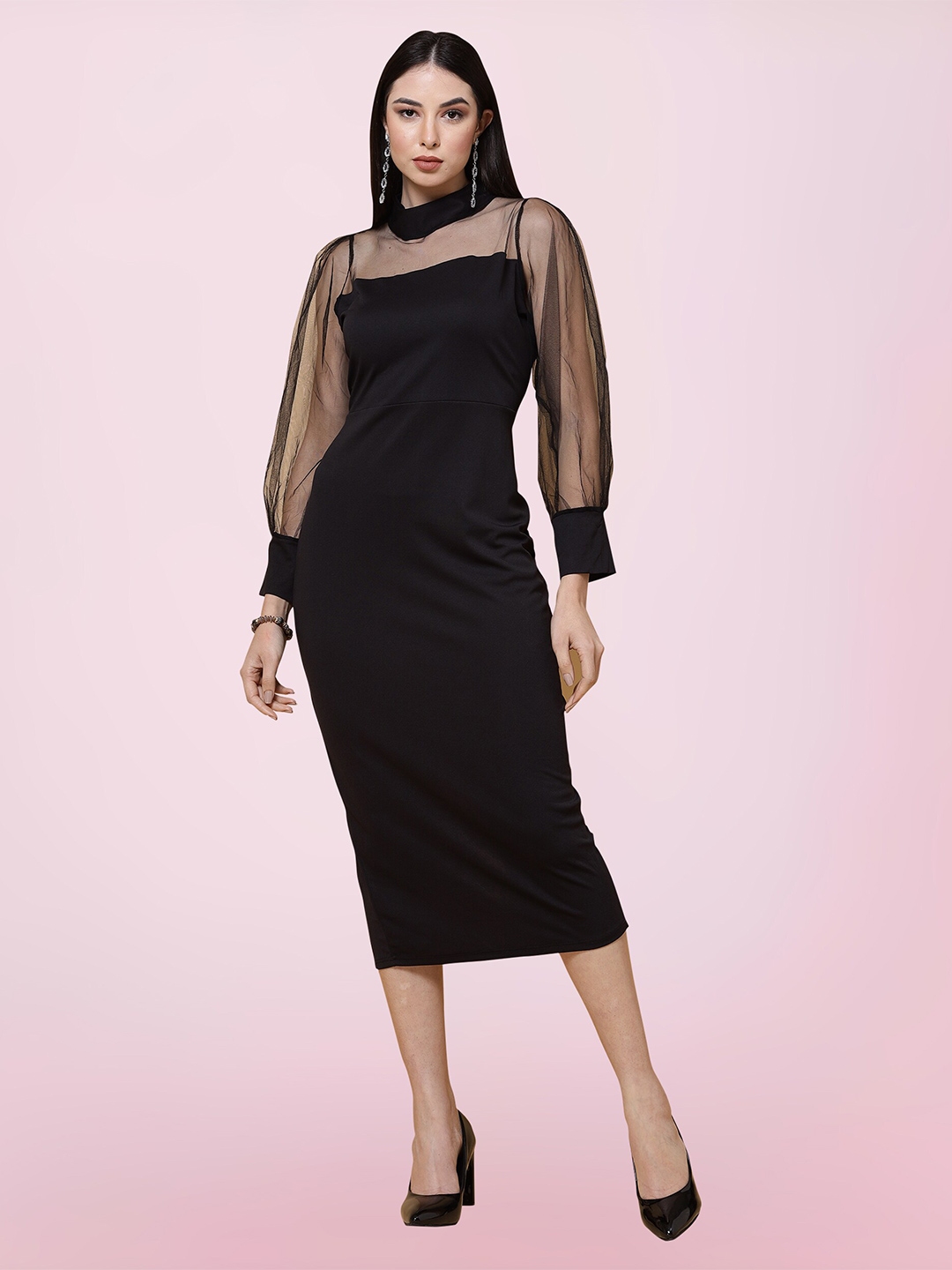 Buy BAESD High Neck Cuffed Sleeves Cotton Sheath Midi Dress - Dresses ...