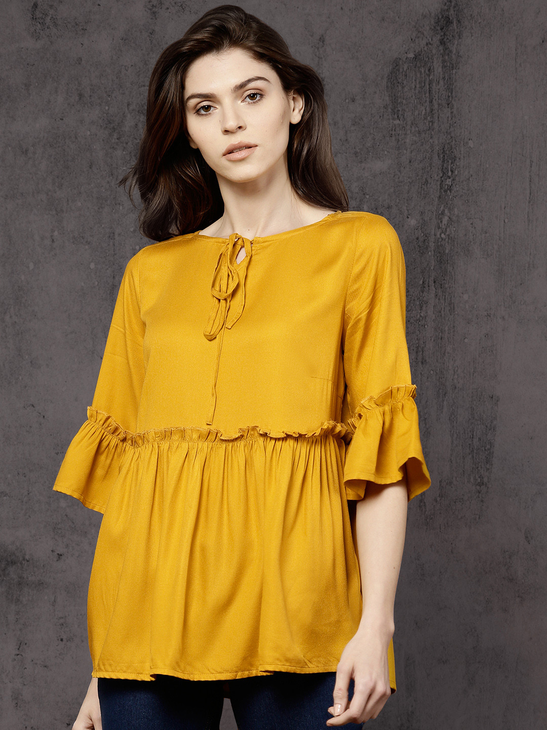 Buy Roadster Women Mustard Yellow Solid Ruffled Detail A Line Top