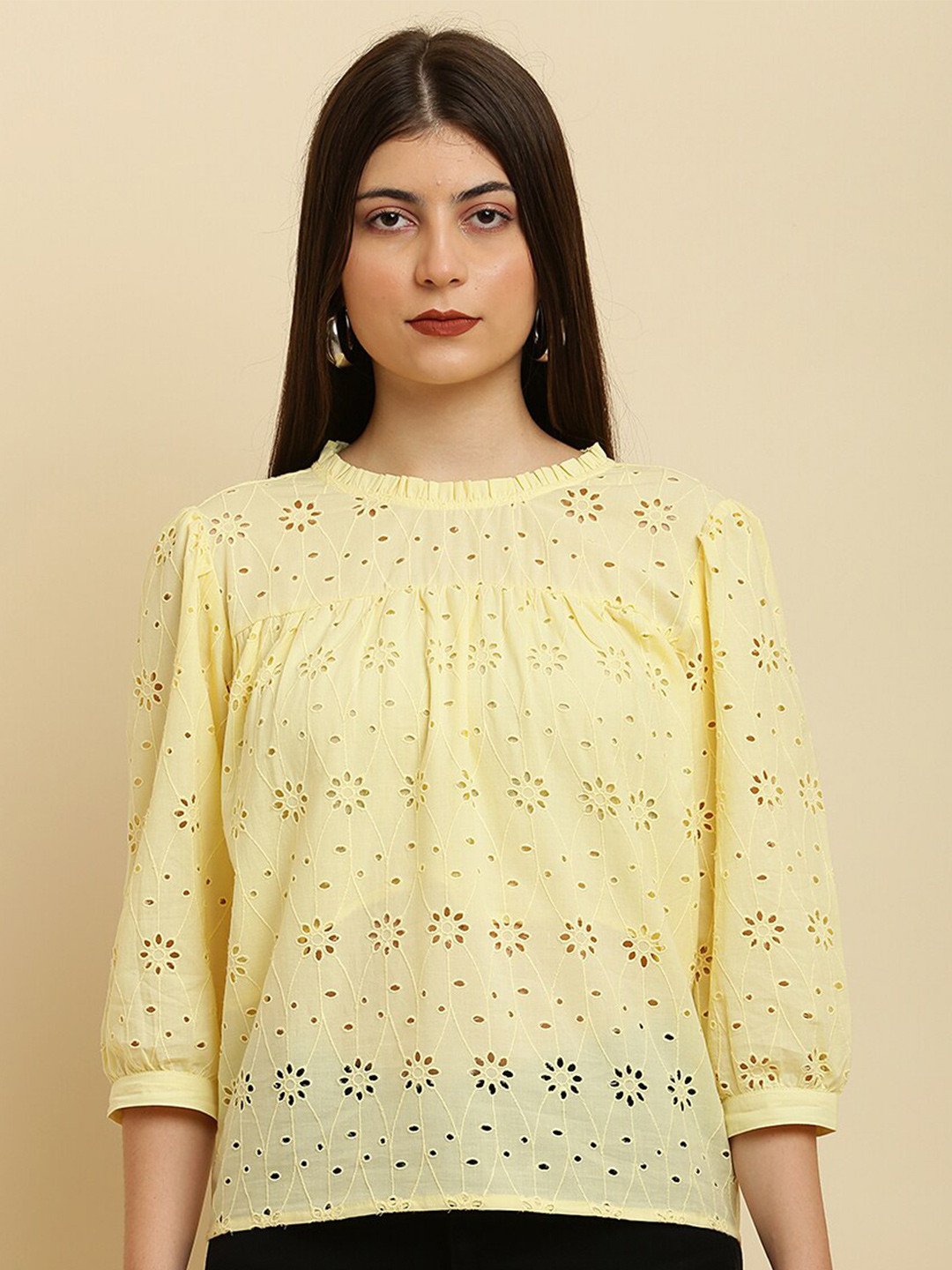 Women's Brown Round Neck Schiffili Top with Self Design