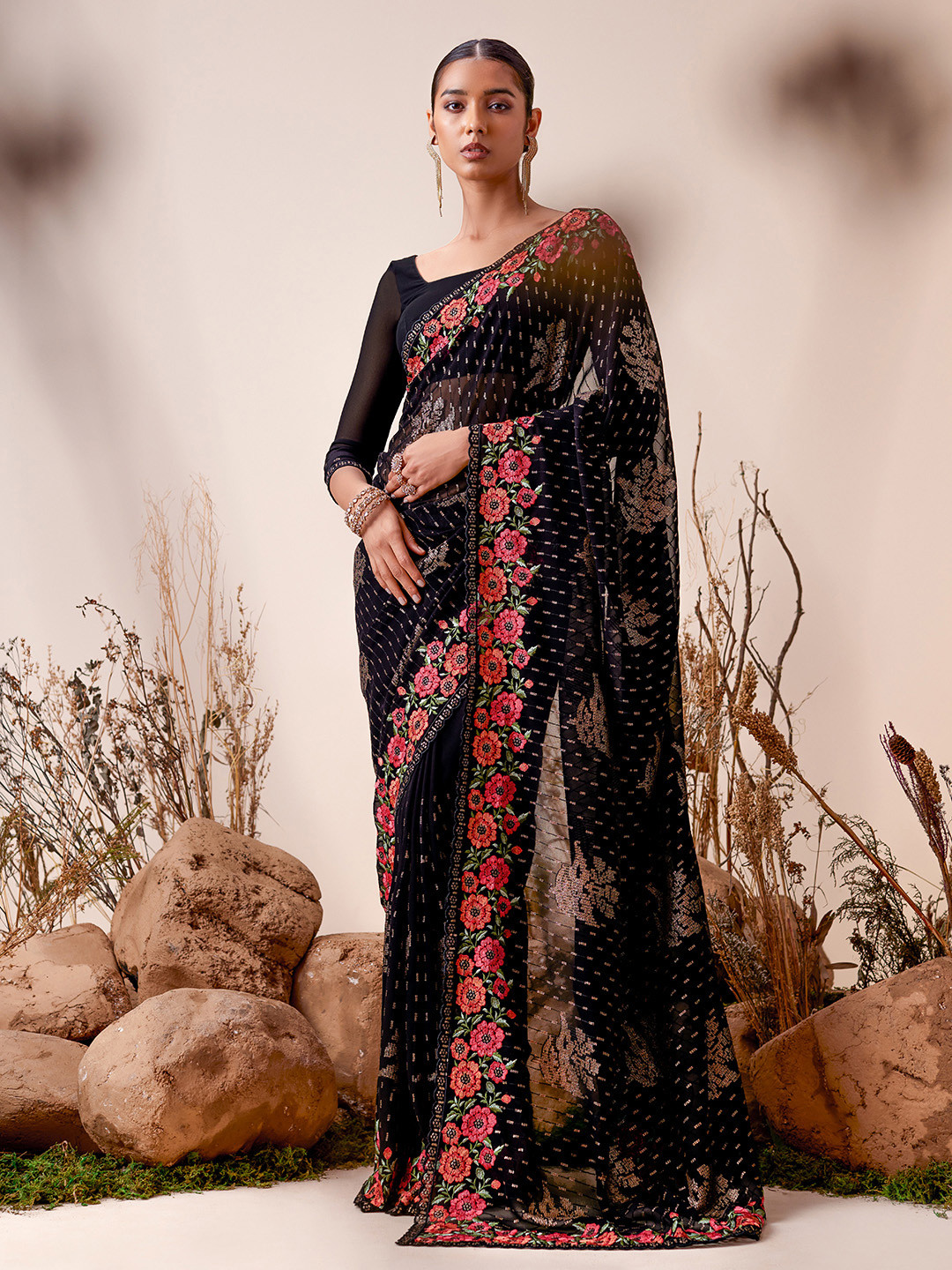 Black Metallic Sequinned Designer Saree With Embellished Blouse main image 0
