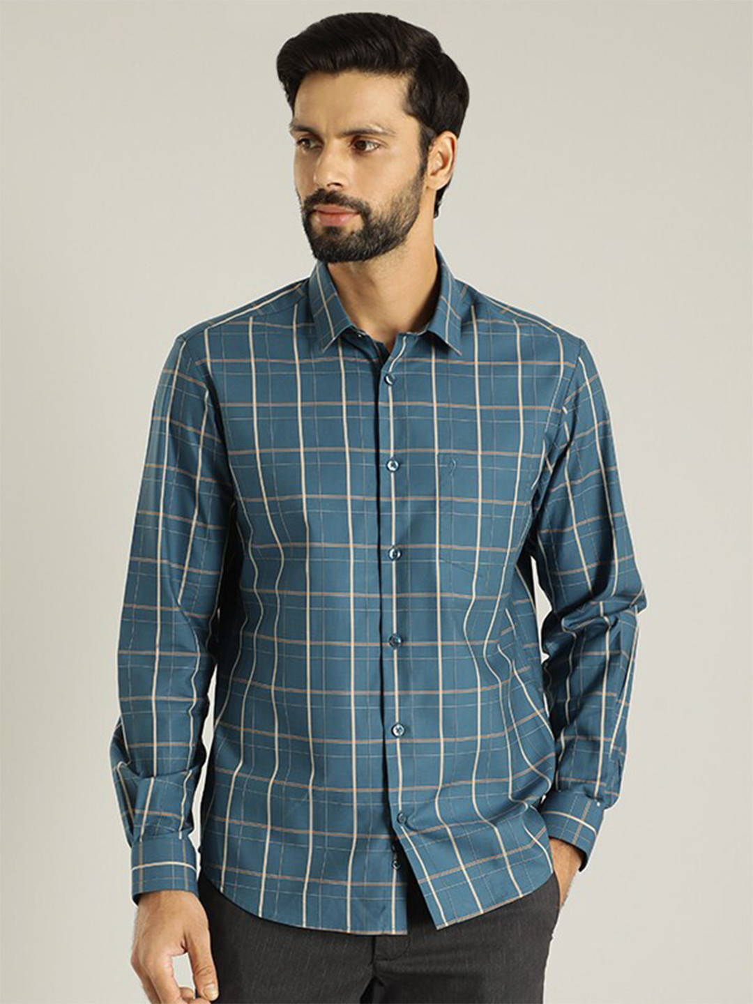 Men's Blue Tartan Checks Spread Collar Regular Fit Shirt
