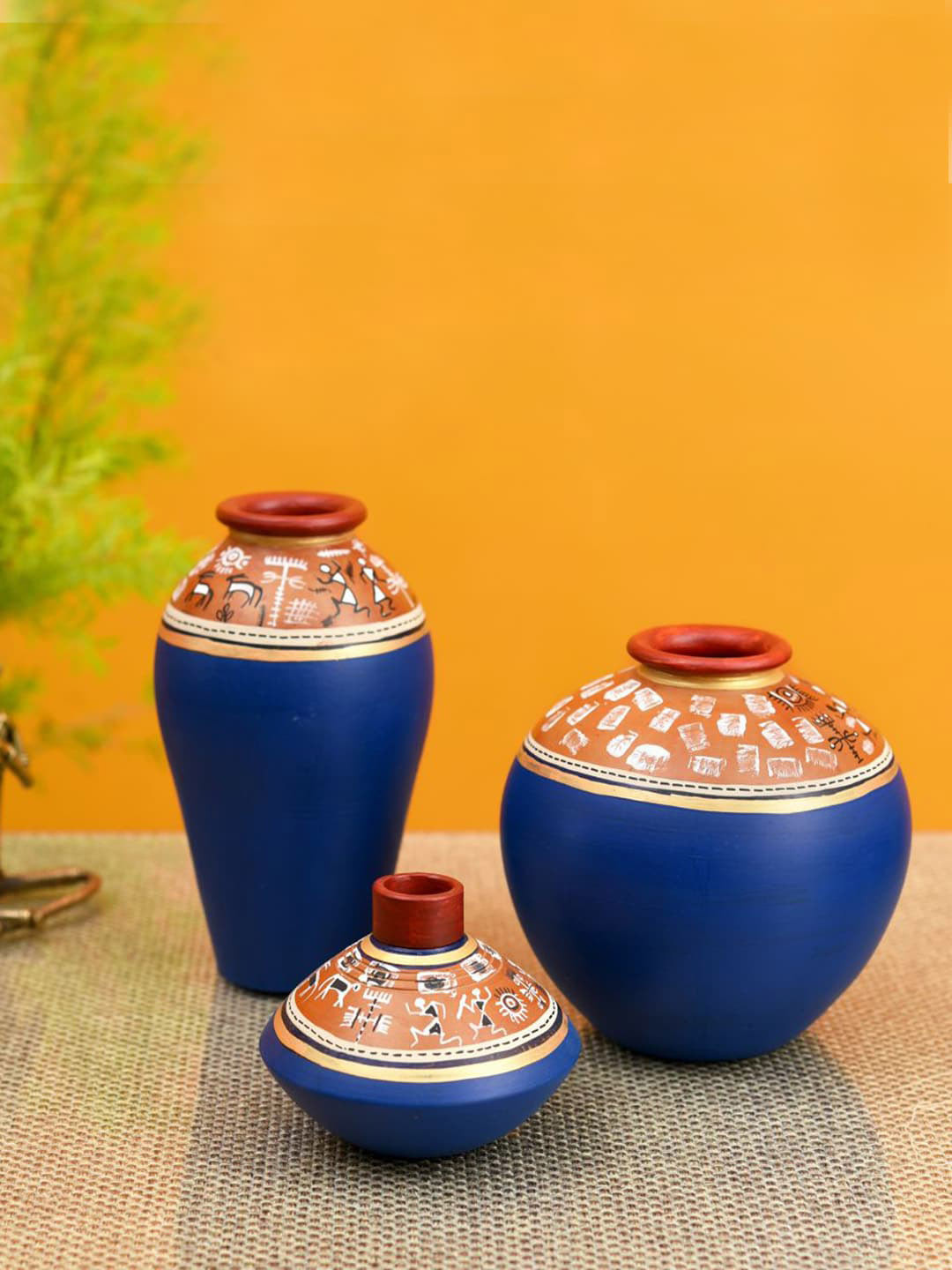 Buy AAKRITI ART CREATIONS Blue 3 Pieces Printed Terracotta Vases