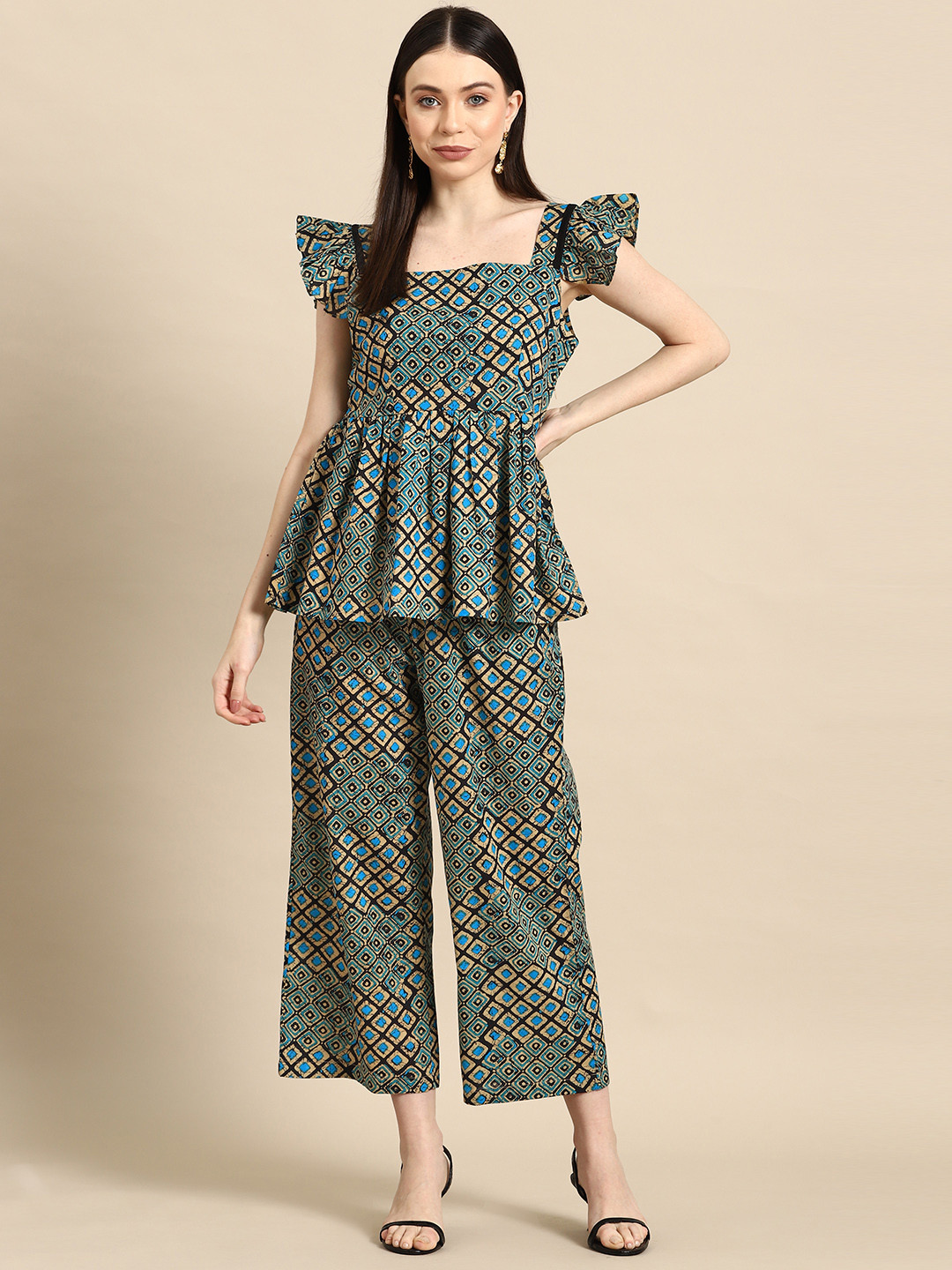 Girls Fuchsia Brocade V- Neck Peplum Top With Palazzos