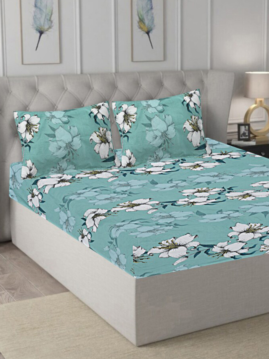 Buy INDHOME LIFE Green & White Floral Pure Cotton 210 TC Queen Bedsheet