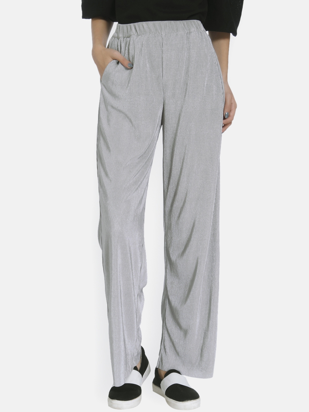 Buy ONLY Women Grey Regular Fit Striped Regular Trousers - Trousers for ...