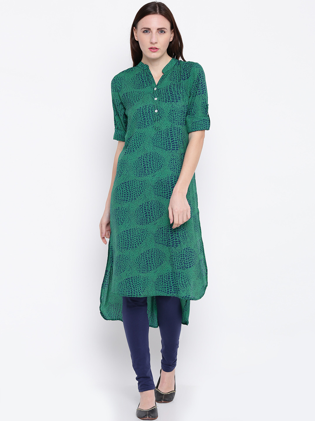 Buy Jashn Women Green & Navy Animal Print High Low Straight Kurta Kurtas for Women 2427314