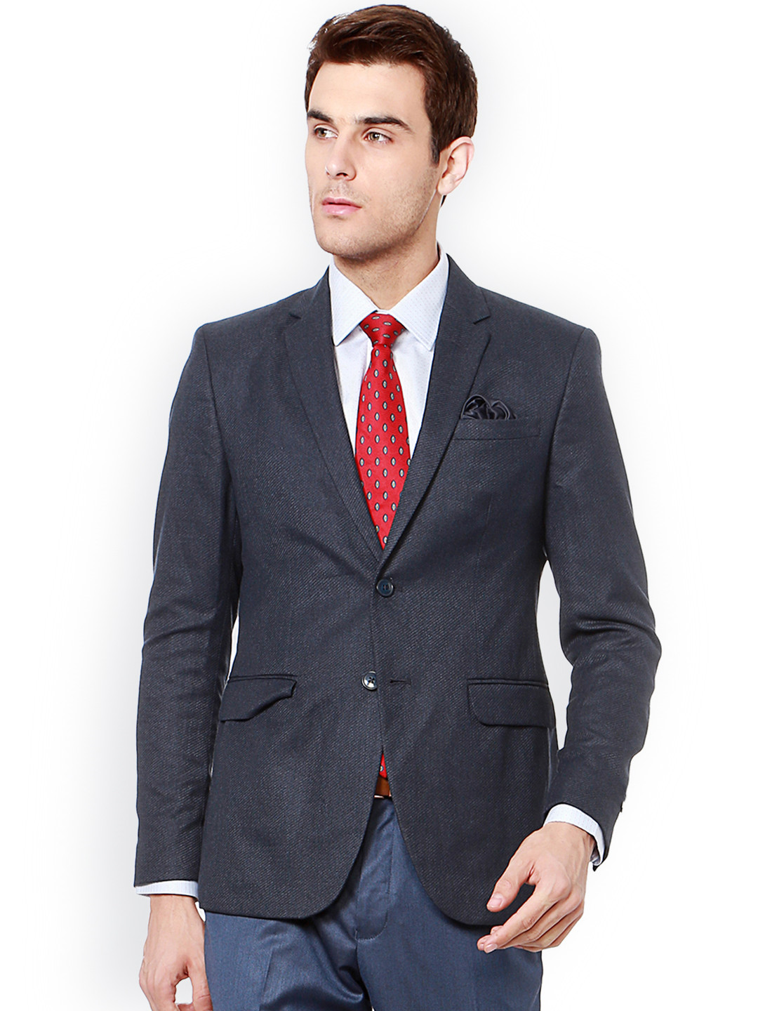 Buy Peter England Grey Solid Slim Fit Single Breasted Formal Blazer