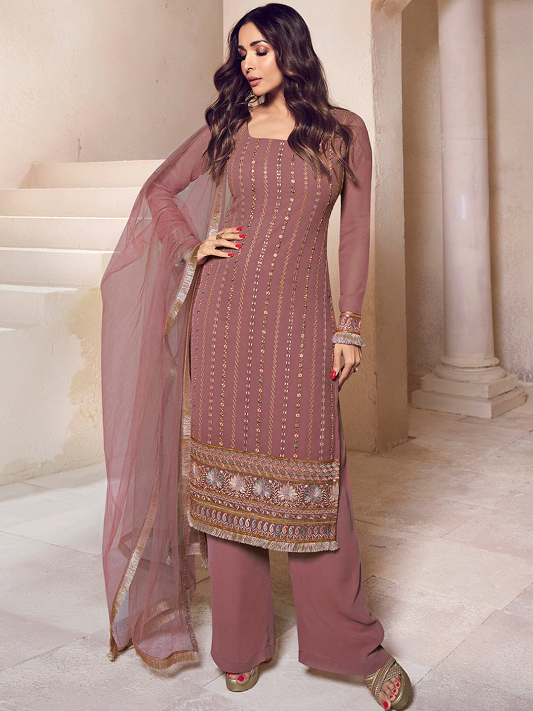 Girls Floral Printed Regular Thread Work Kurta With Palazzos With Dupatta