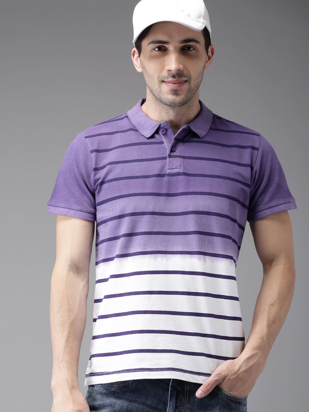 purple and white striped polo