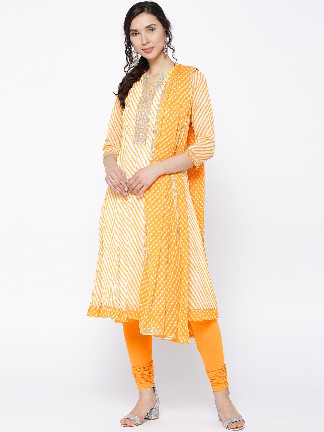 Buy Biba Women Mustard Yellow & White Striped Kurta With Churidar