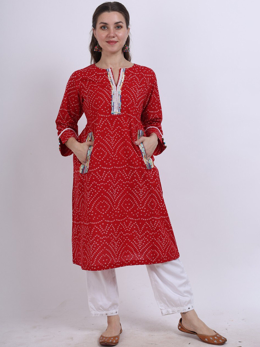Nautinati Girls Bandhani Printed Mirror Work Pure Cotton Kurti With Sharara Dupatta main image 0