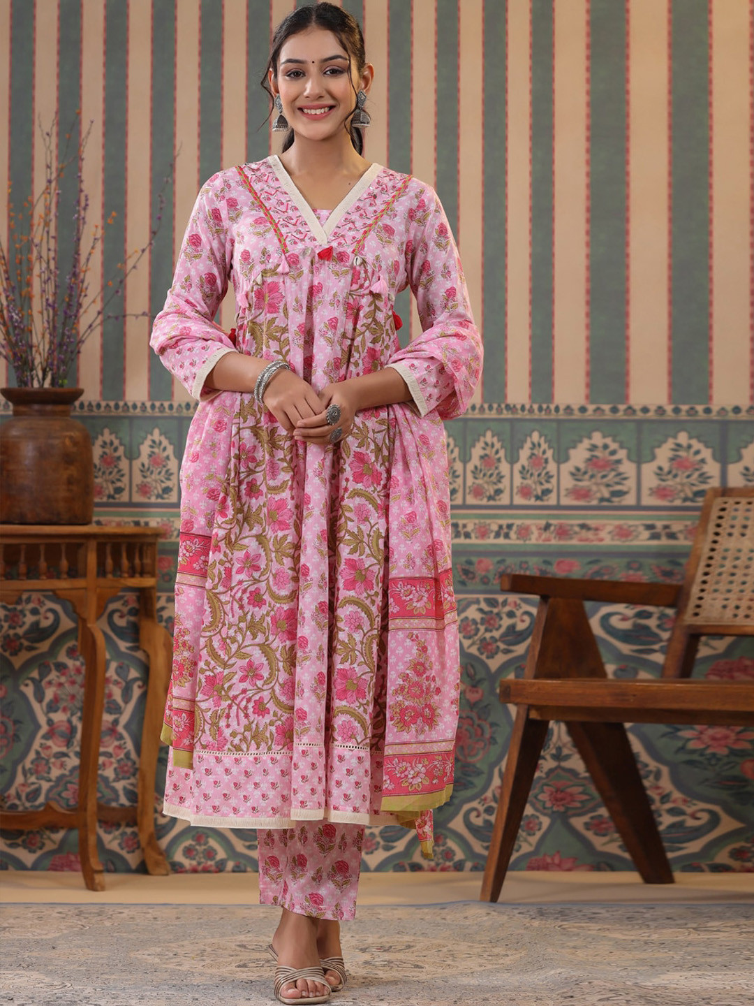 Women Pure Cotton Printed Red Kurta With Pant And Dupatta main image 1