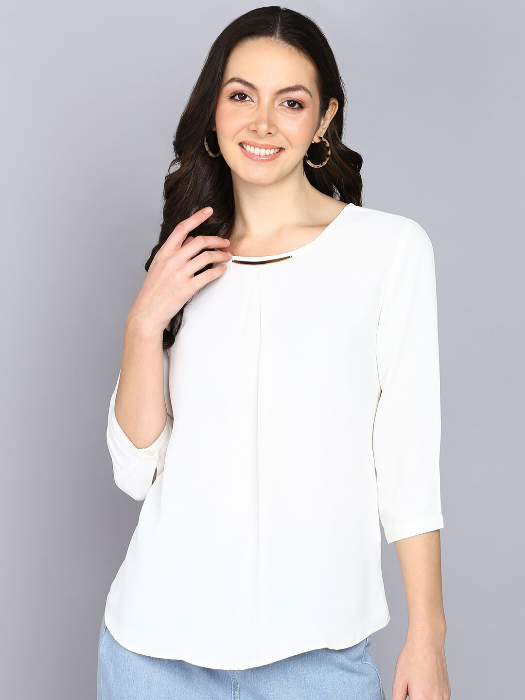Women Off White Rib V-Neck Regular Top