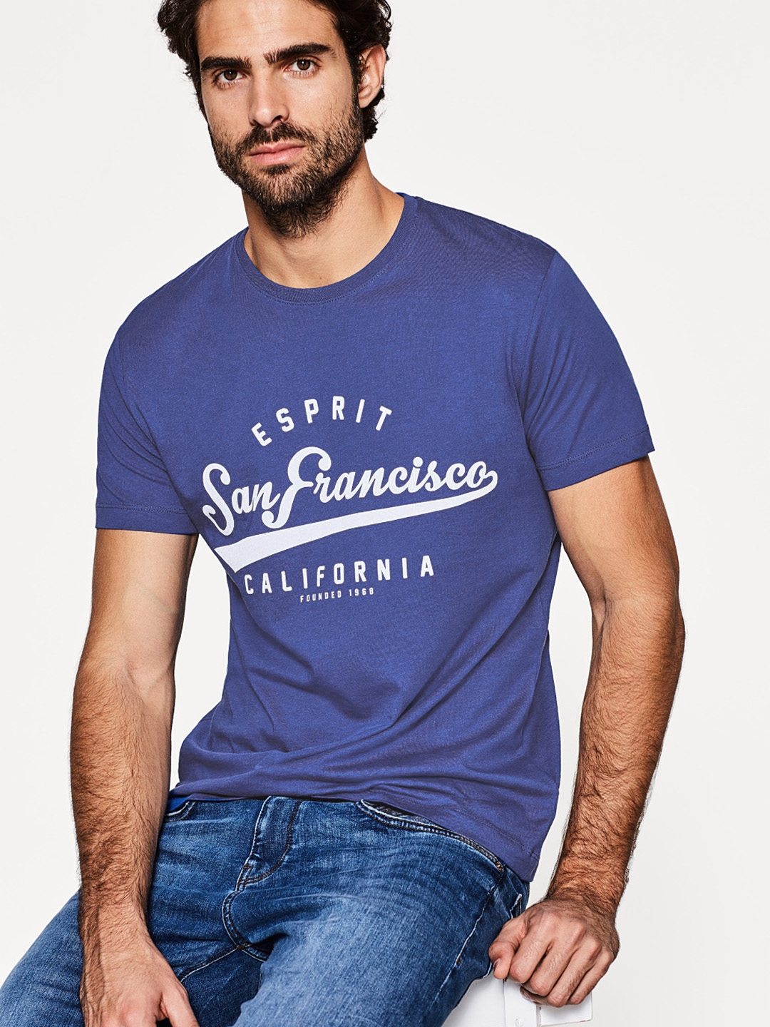 Buy ESPRIT Men Blue Printed Round Neck Pure Cotton T Shirt - Tshirts ...