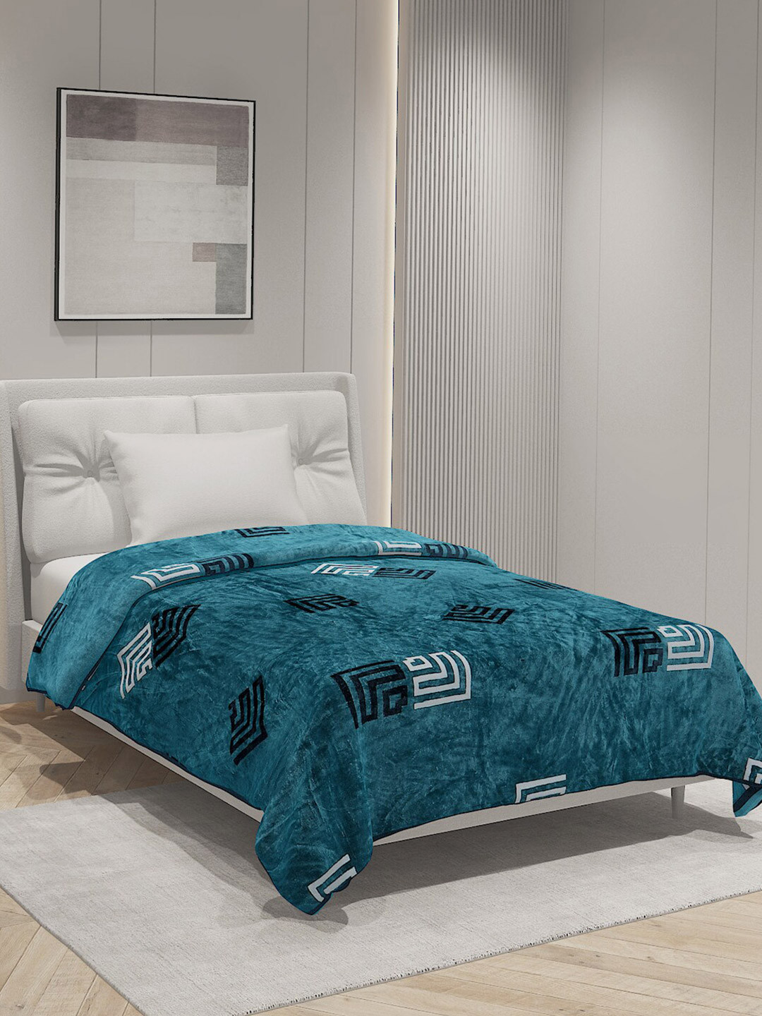 Buy Monte Carlo Blue Geometric Printed AC Room 233 GSM Single Bed