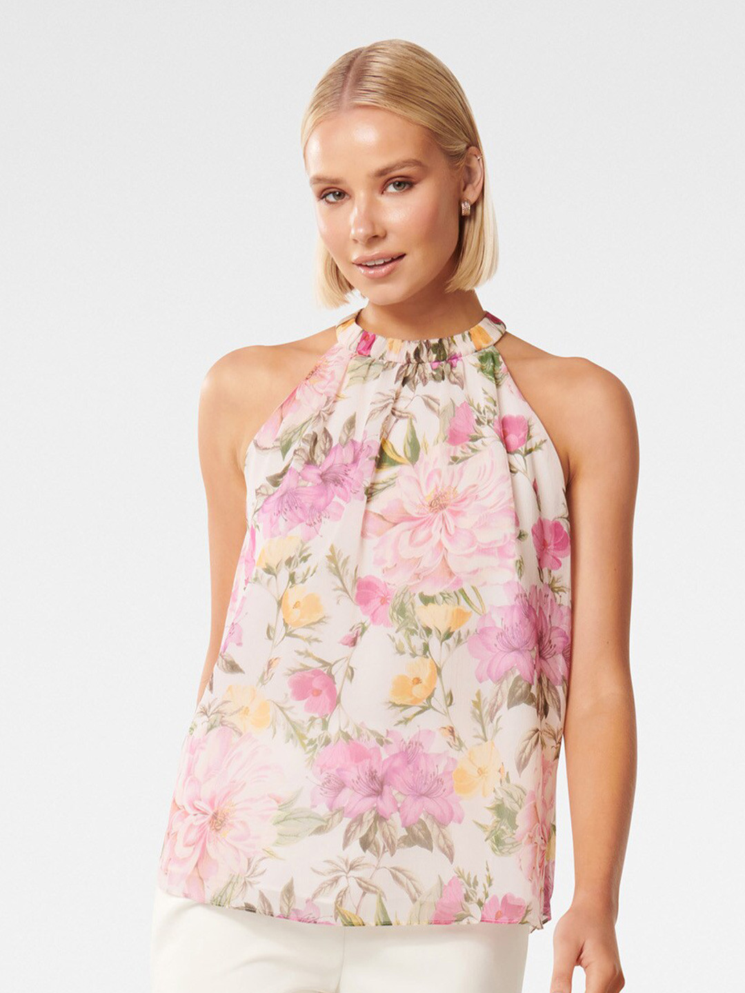 Ariya Halter Neck Floral  Denim Top main image 1