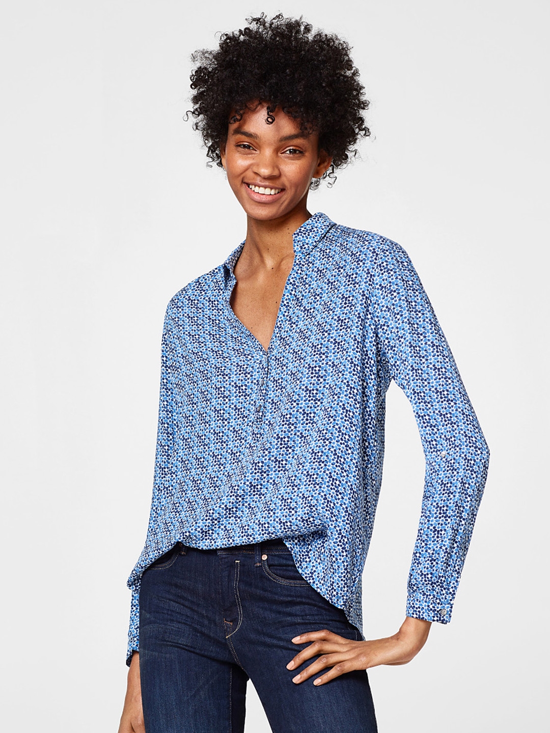 Buy ESPRIT Women Blue Printed Shirt Style Top - Tops for Women 2429660 ...
