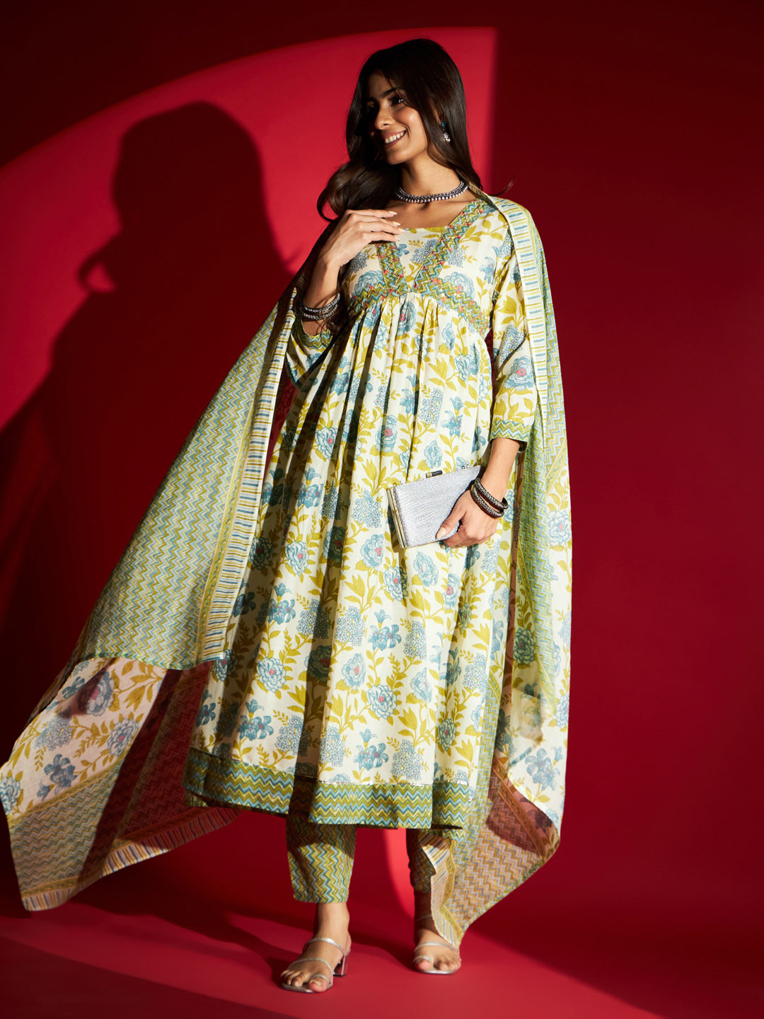 Blue Floral Printed Empire Pure Cotton Anarkali Kurta With Pyjama & Dupatta
