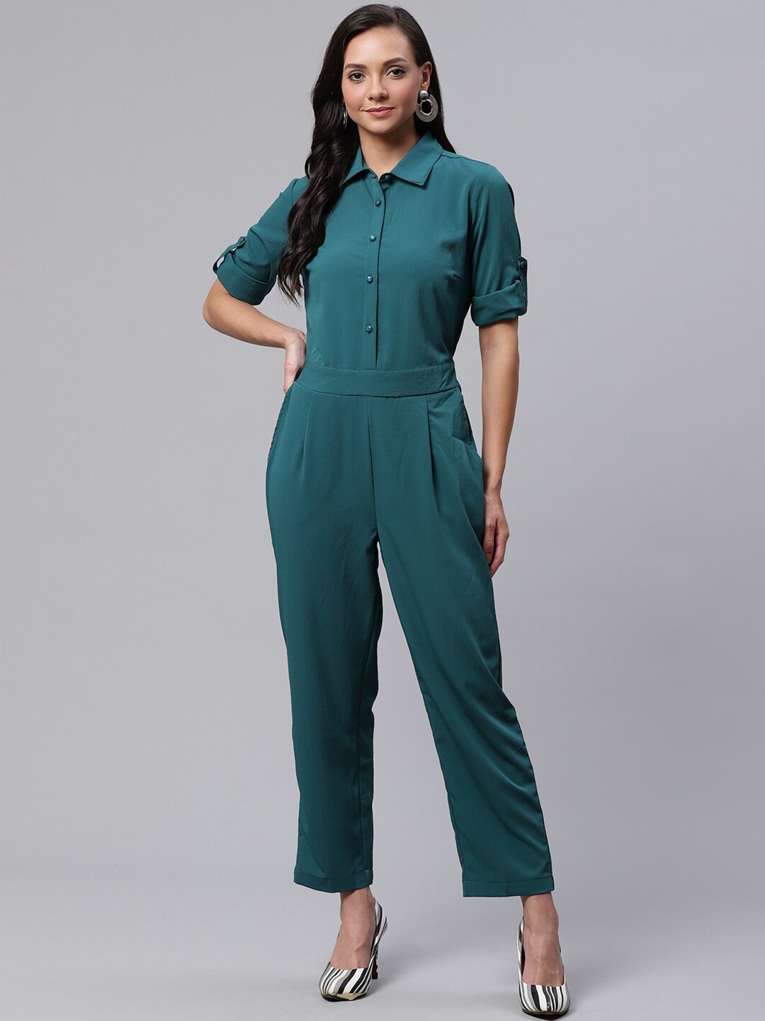 Buy DressBerry Turquoise Blue Shirt Collar Roll Up Sleeves Basic ...