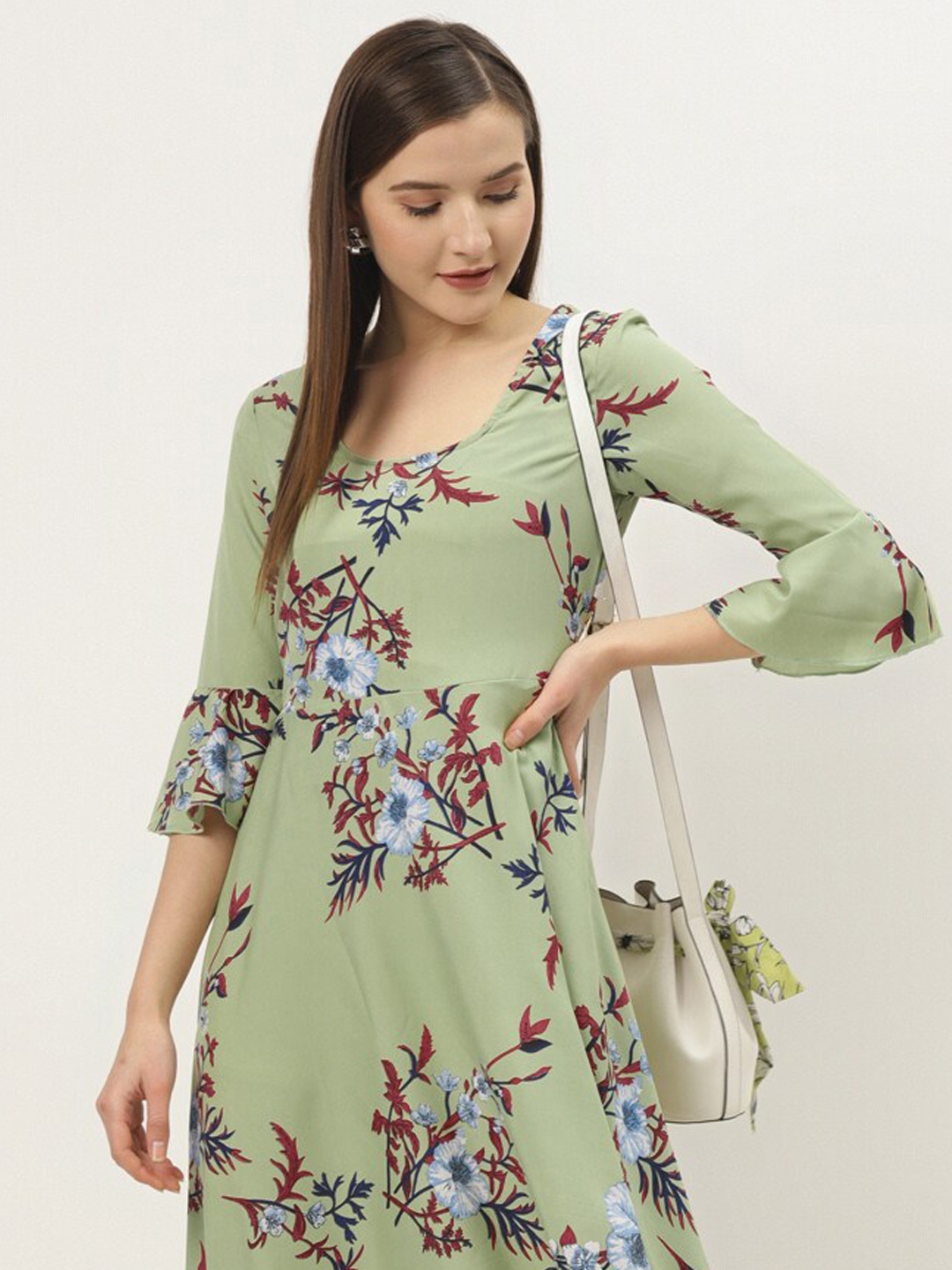 Buy DressBerry Green Floral Print Bell Sleeve Crepe Maxi Dress ...