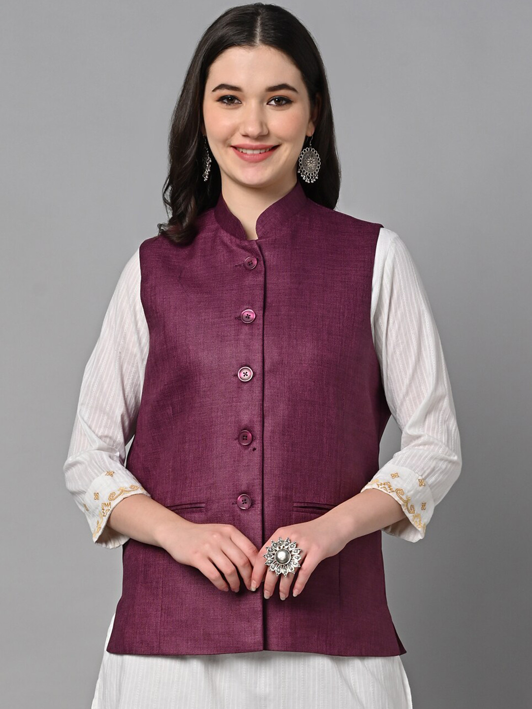 Vastraa Fusion Solid Indian Traditional Ethnic Waistcoat Festive Cotton Nehru Jacket for Women