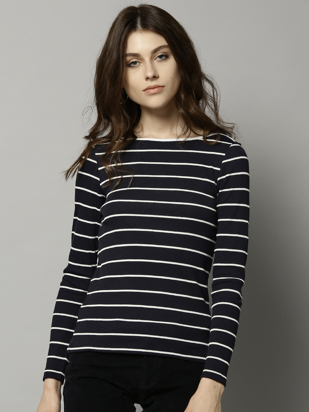 Buy Marks & Spencer Women Navy & White Striped Round Neck T Shirt