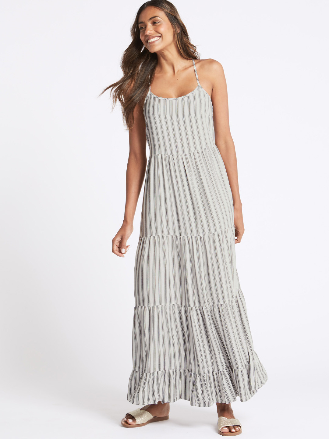 Buy Marks & Spencer Women White & Grey Striped Maxi Dress Dresses for